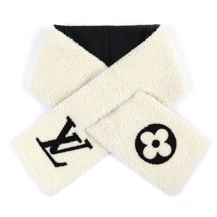 Great LOUIS VUITTON Scarf Echarpe Shirring LV logo shearling mouton Ivory M77054