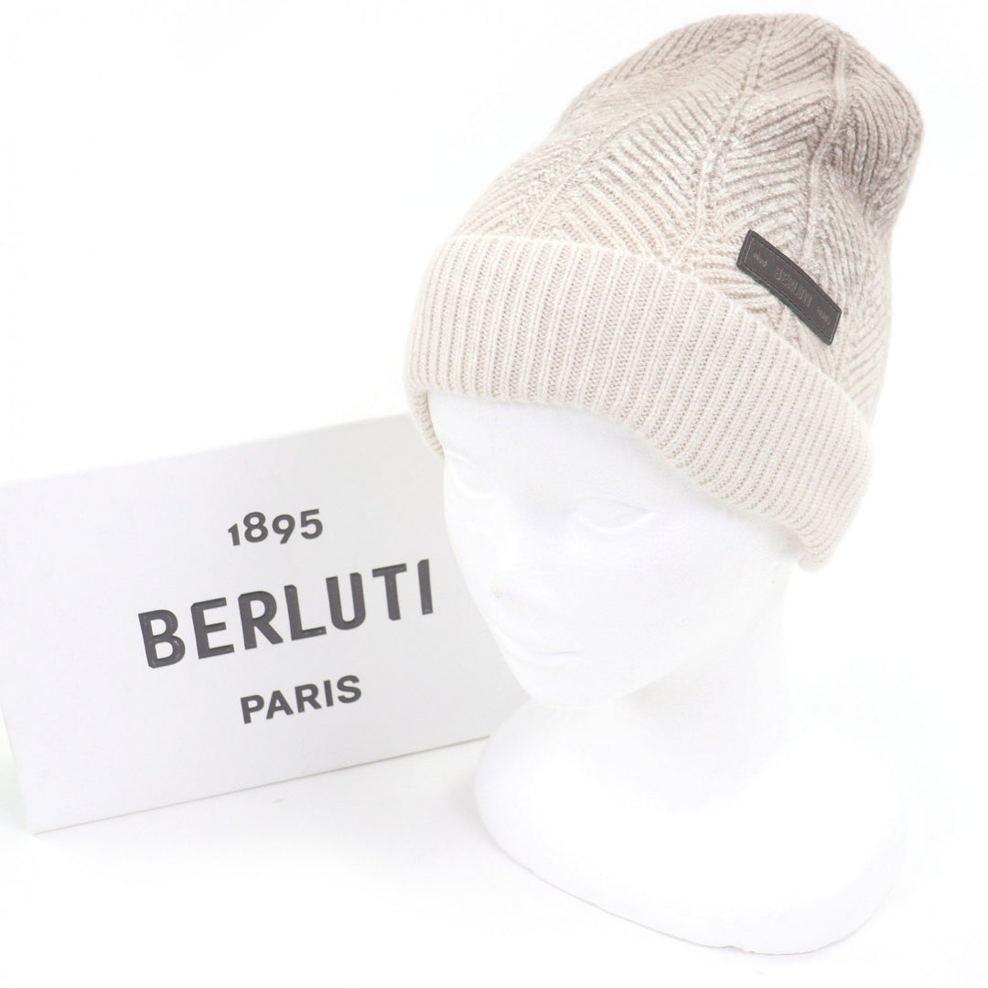 Excellent BERLUTI Knit cap Two-tone logo leather patch beige cashmere mens