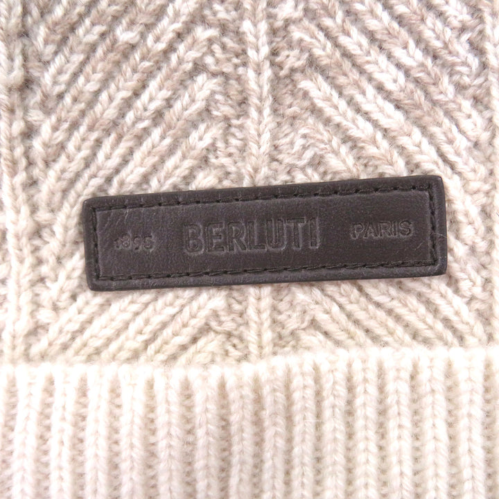Excellent BERLUTI Knit cap Two-tone logo leather patch beige cashmere mens