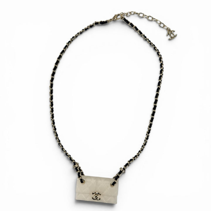 Excellent CHANEL Necklace Matelassé bag motif COCO Mark Chain Ivory Women B23C