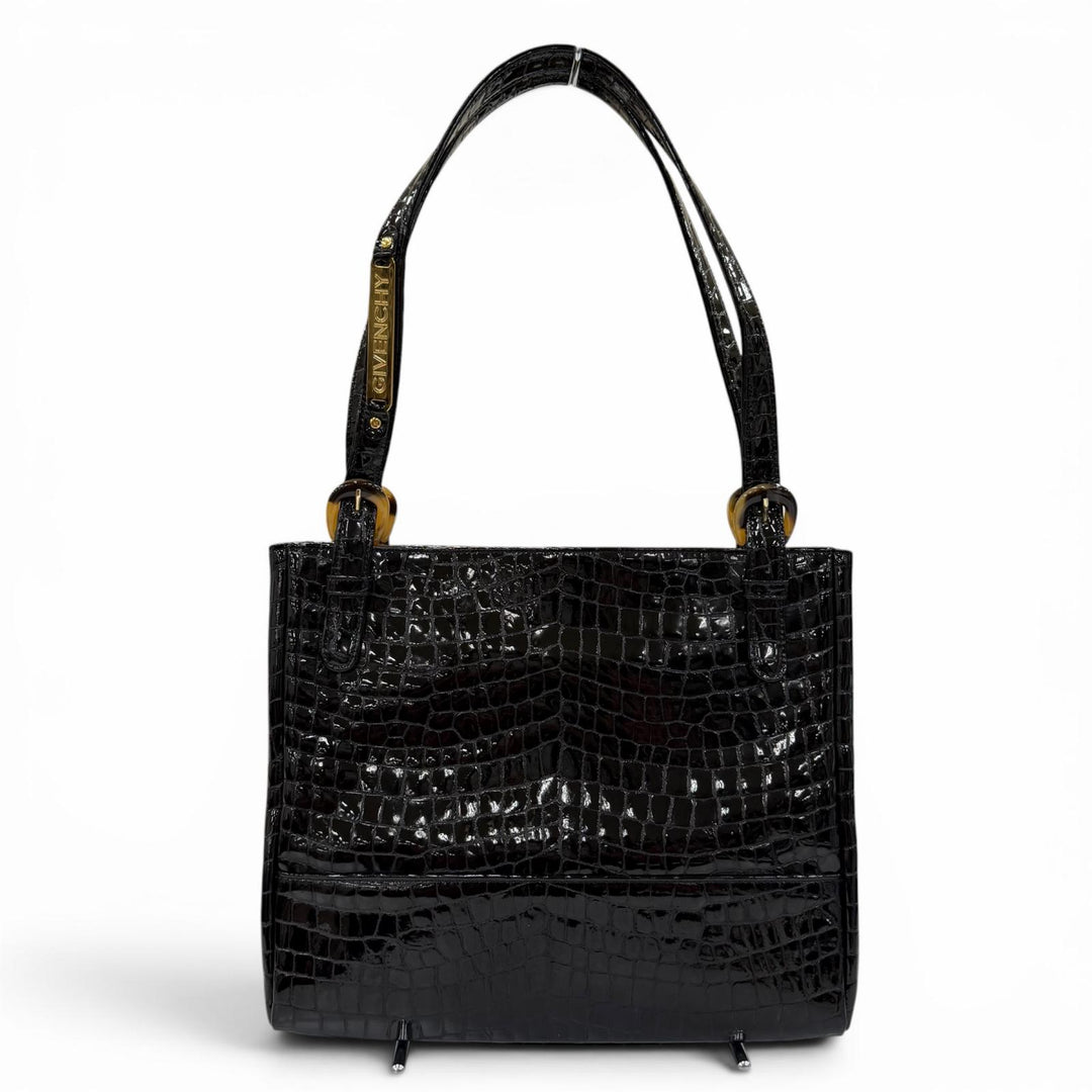 Excellent GIVENCHY Handbag Logo Metal Crocodile Embossed black Cowhide Women
