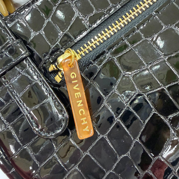 Excellent GIVENCHY Handbag Logo Metal Crocodile Embossed black Cowhide Women