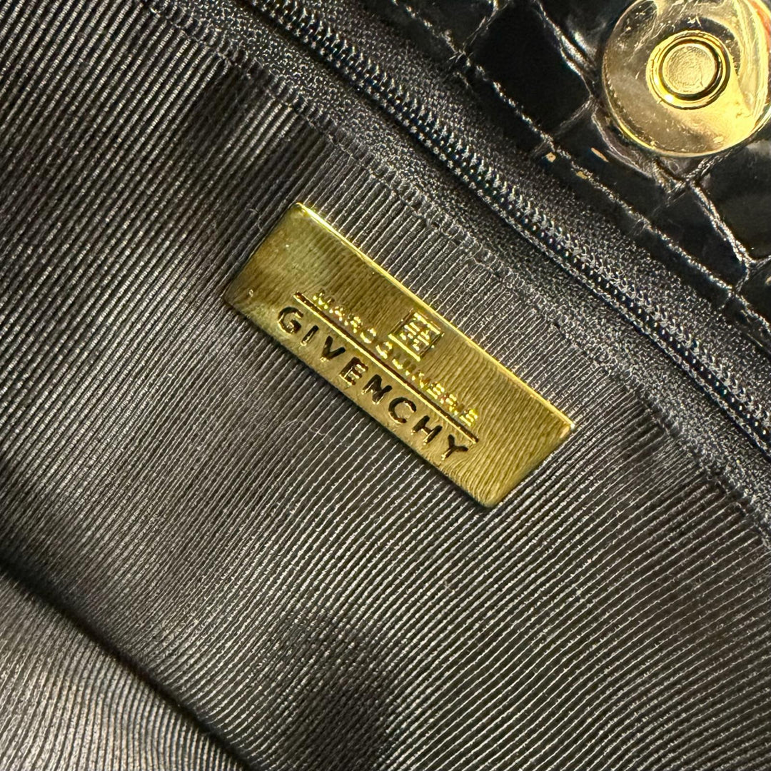 Excellent GIVENCHY Handbag Logo Metal Crocodile Embossed black Cowhide Women