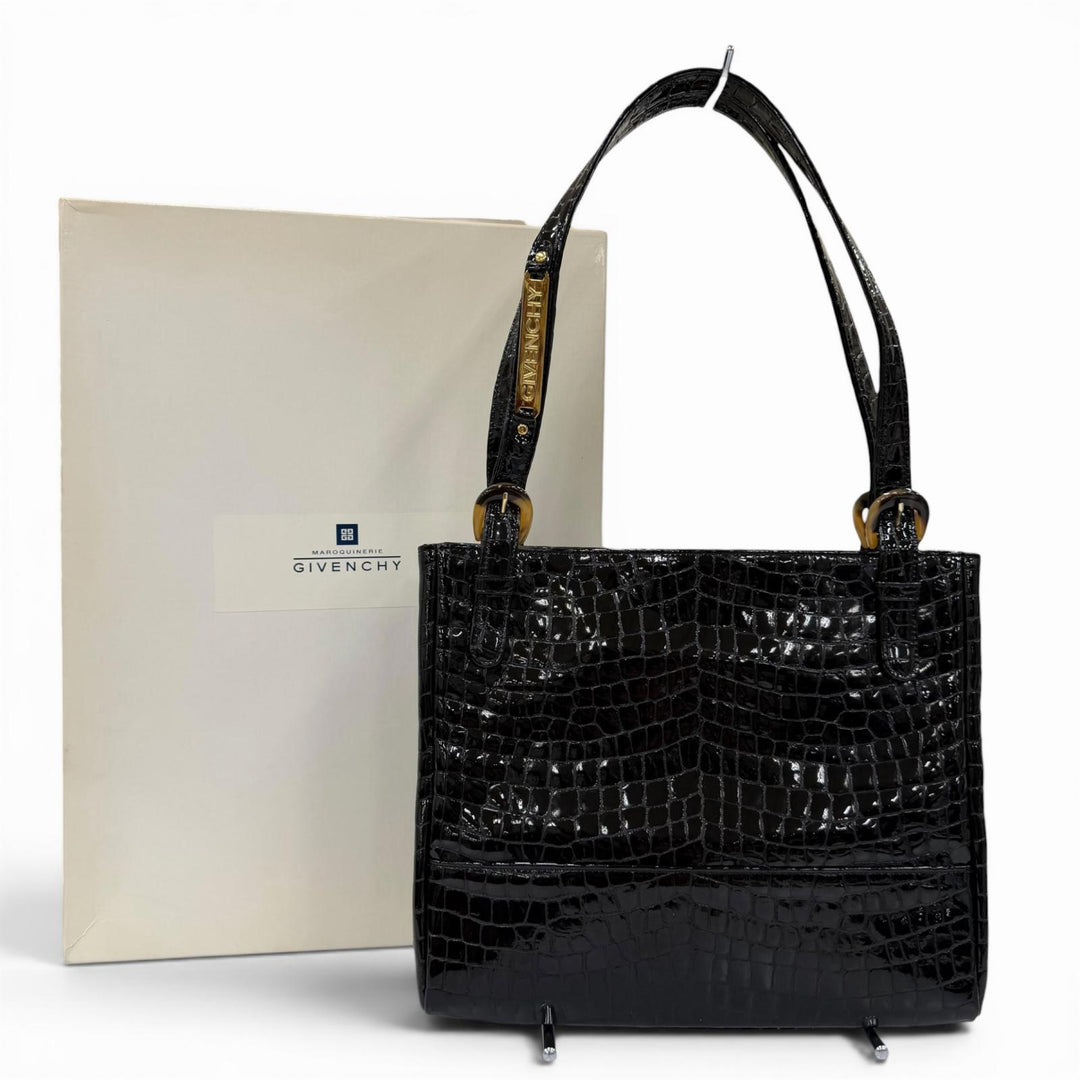 Excellent GIVENCHY Handbag Logo Metal Crocodile Embossed black Cowhide Women