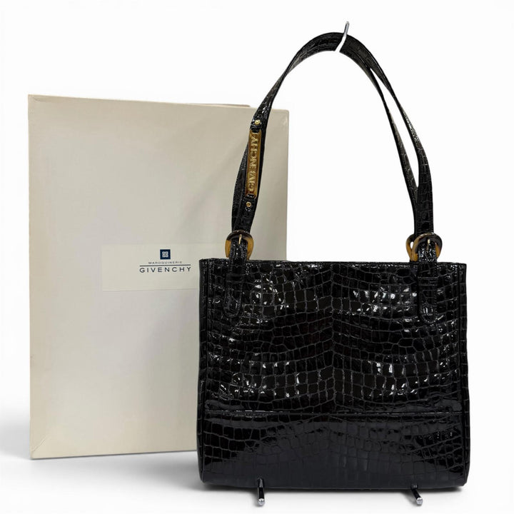 Excellent GIVENCHY Handbag Logo Metal Crocodile Embossed black Cowhide Women