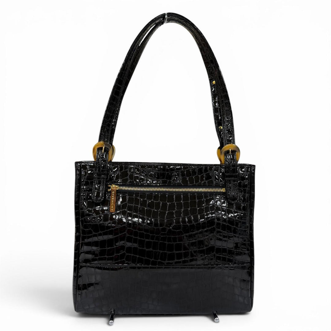 Excellent GIVENCHY Handbag Logo Metal Crocodile Embossed black Cowhide Women