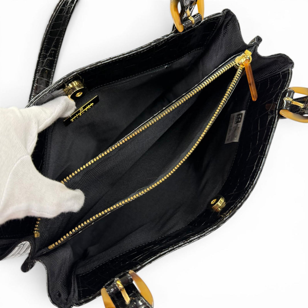 Excellent GIVENCHY Handbag Logo Metal Crocodile Embossed black Cowhide Women