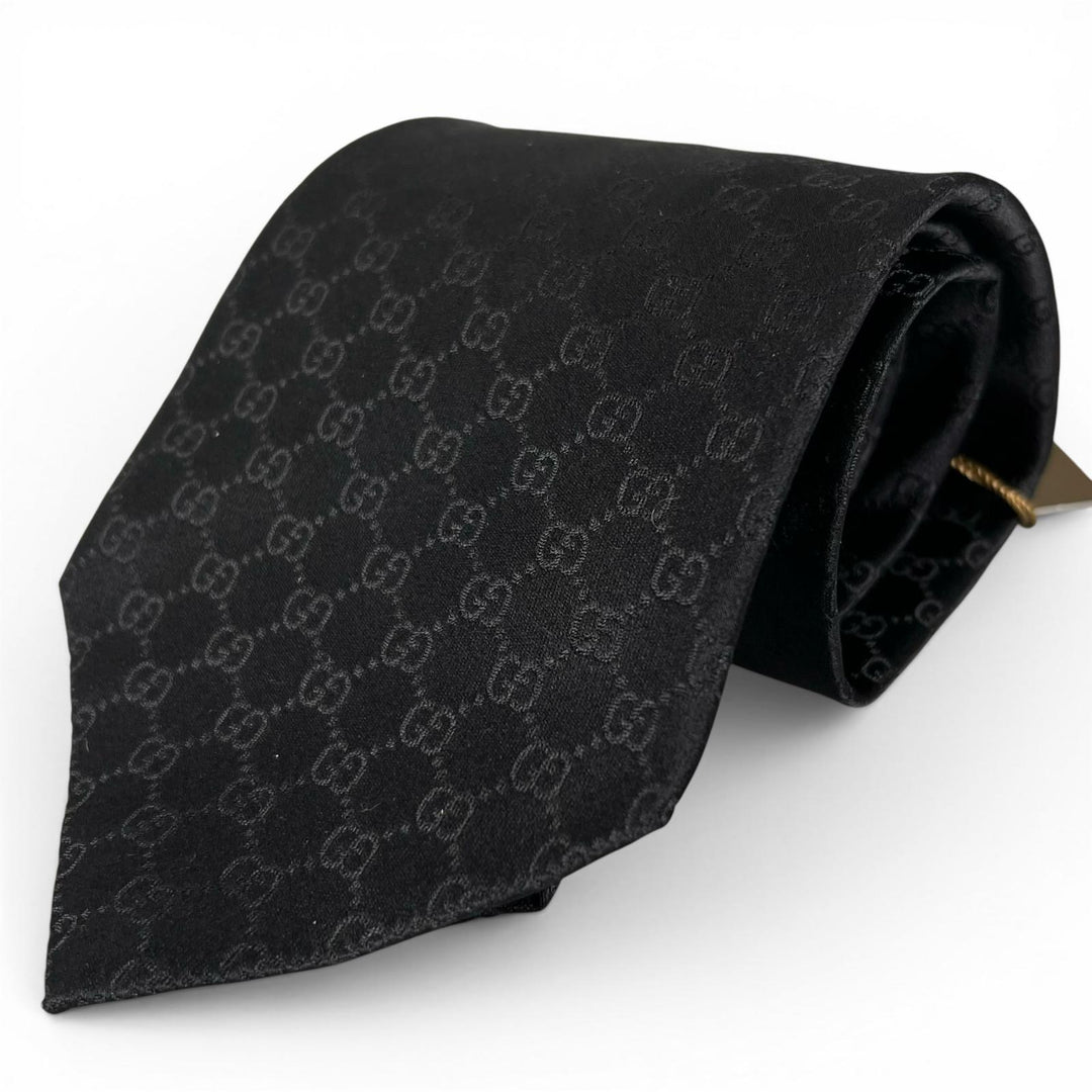 Pristine GUCCI tie GG pattern GG logo wide tie black silk mens