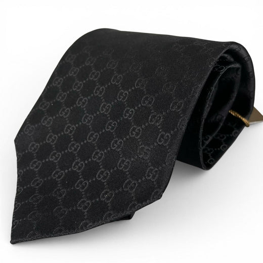 Pristine GUCCI tie GG pattern GG logo wide tie black silk mens