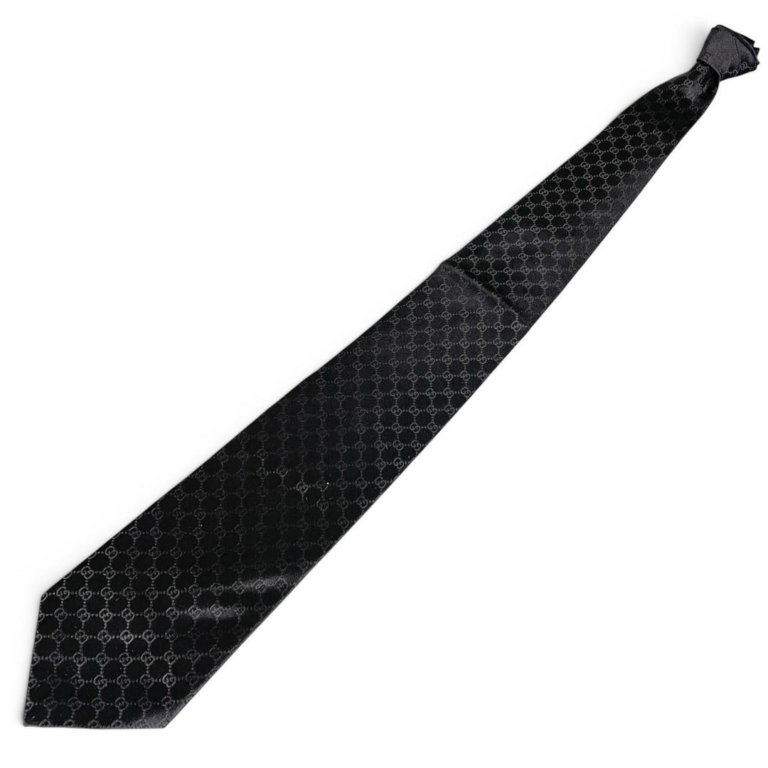Pristine GUCCI tie GG pattern GG logo wide tie black silk mens