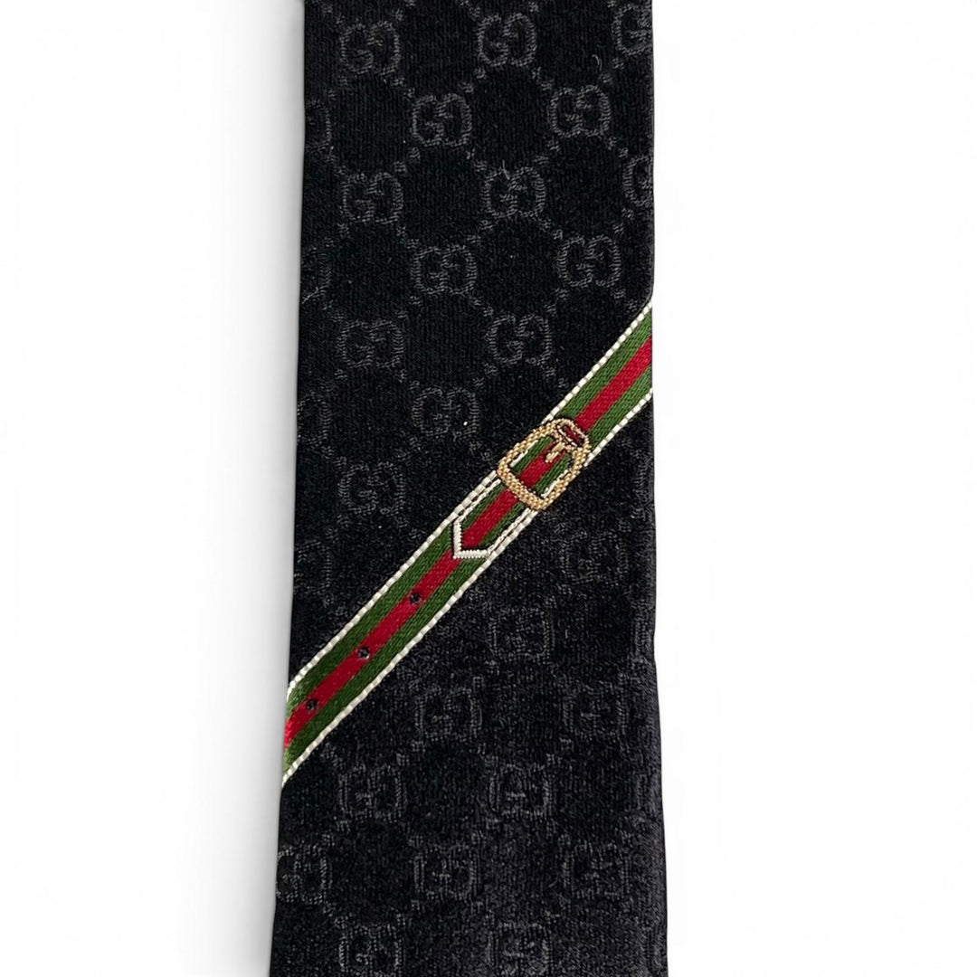 Pristine GUCCI tie GG pattern GG logo wide tie black silk mens