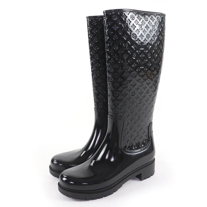 Great LOUIS VUITTON Knee-high boots Monogram rain boots black rubber Women 38