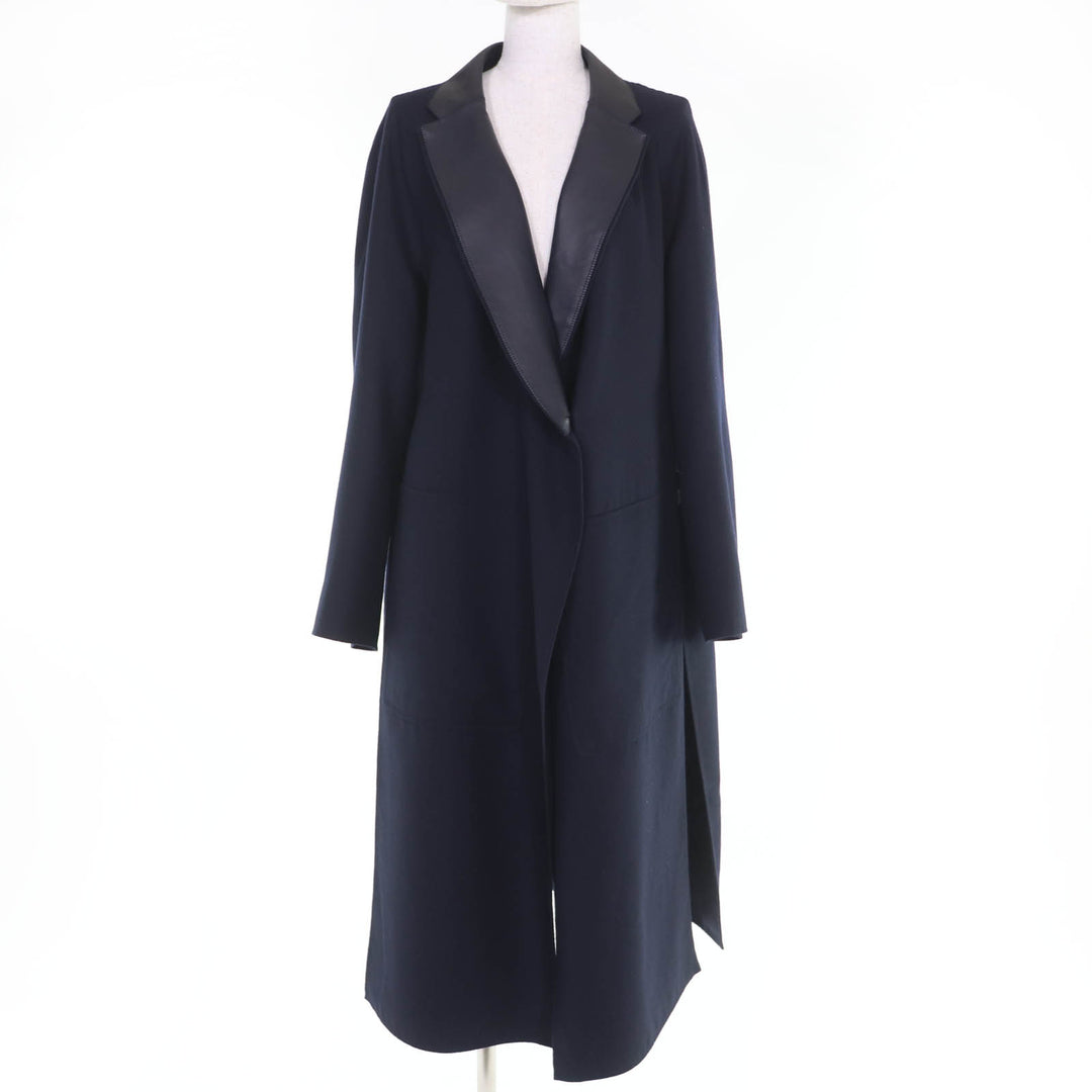 Pristine HERMES coat Soft Tilt Leather Mix Navy cashmere Women 38