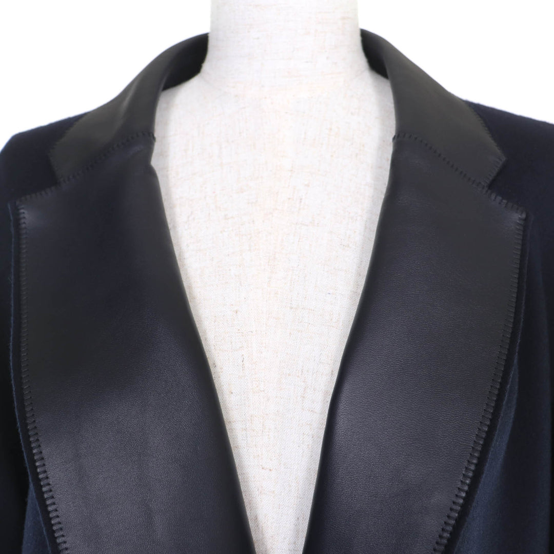 Pristine HERMES coat Soft Tilt Leather Mix Navy cashmere Women 38