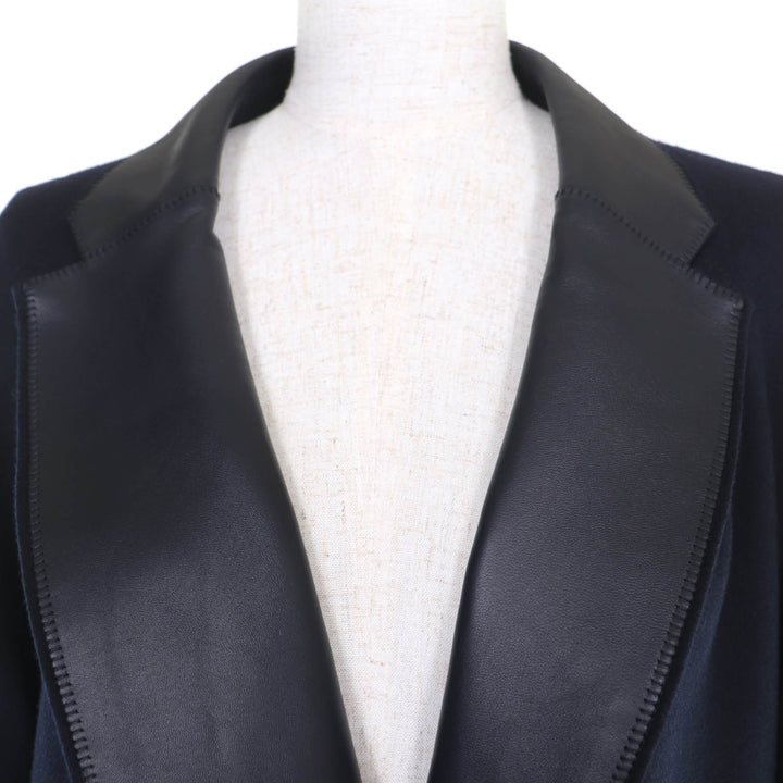 Pristine HERMES coat Soft Tilt Leather Mix Navy cashmere Women 38