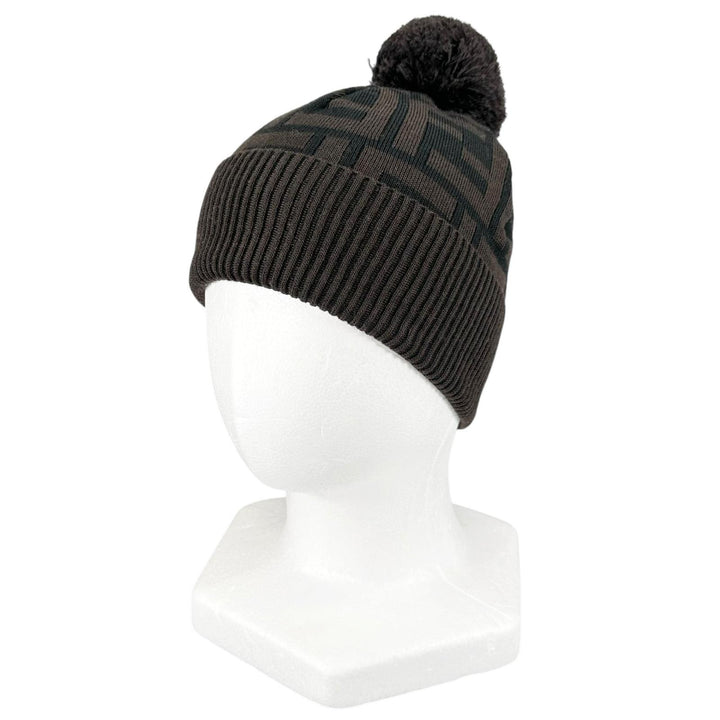 Pristine FENDI Knit cap ZUCCA Pattern Jacquard Knit Hat with Pom-Pom Brown wool