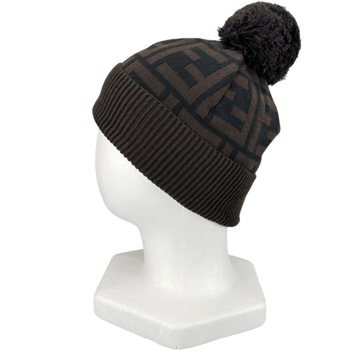 Pristine FENDI Knit cap ZUCCA Pattern Jacquard Knit Hat with Pom-Pom Brown wool