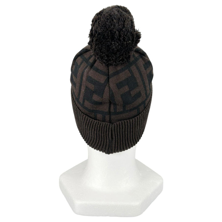 Pristine FENDI Knit cap ZUCCA Pattern Jacquard Knit Hat with Pom-Pom Brown wool