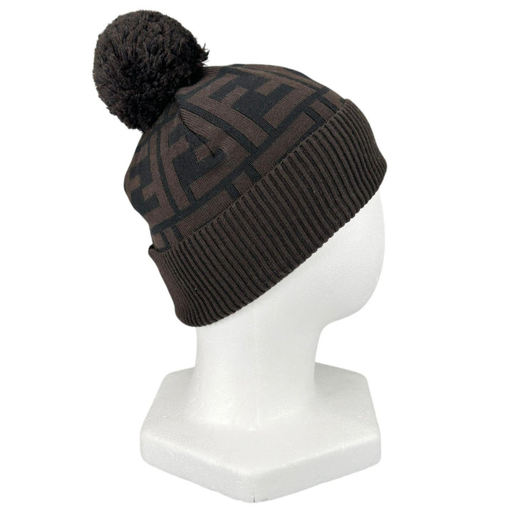 Pristine FENDI Knit cap ZUCCA Pattern Jacquard Knit Hat with Pom-Pom Brown wool