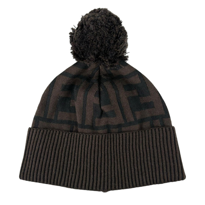 Pristine FENDI Knit cap ZUCCA Pattern Jacquard Knit Hat with Pom-Pom Brown wool