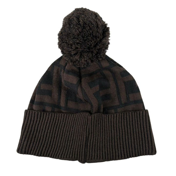 Pristine FENDI Knit cap ZUCCA Pattern Jacquard Knit Hat with Pom-Pom Brown wool