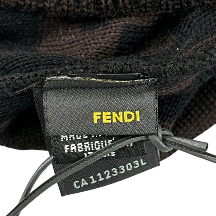 Pristine FENDI Knit cap ZUCCA Pattern Jacquard Knit Hat with Pom-Pom Brown wool