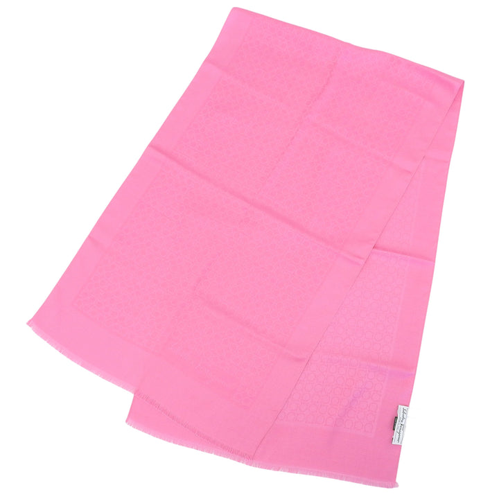 Pristine FERRAGAMO scarf Gancini Pattern with Fringe pink silk Women