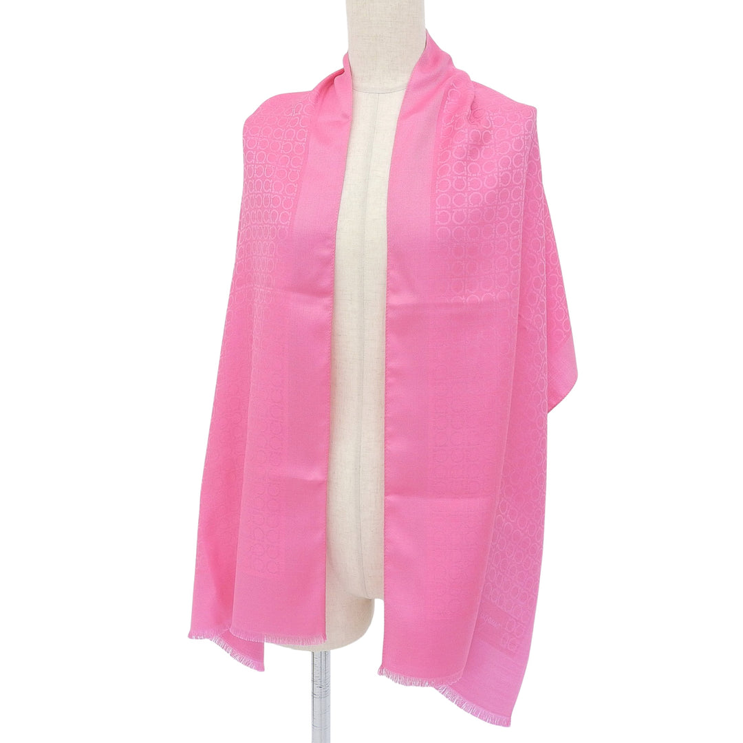 Pristine FERRAGAMO scarf Gancini Pattern with Fringe pink silk Women