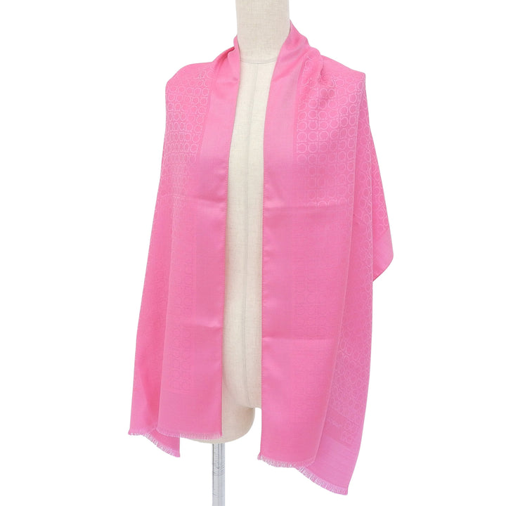 Pristine FERRAGAMO scarf Gancini Pattern with Fringe pink silk Women