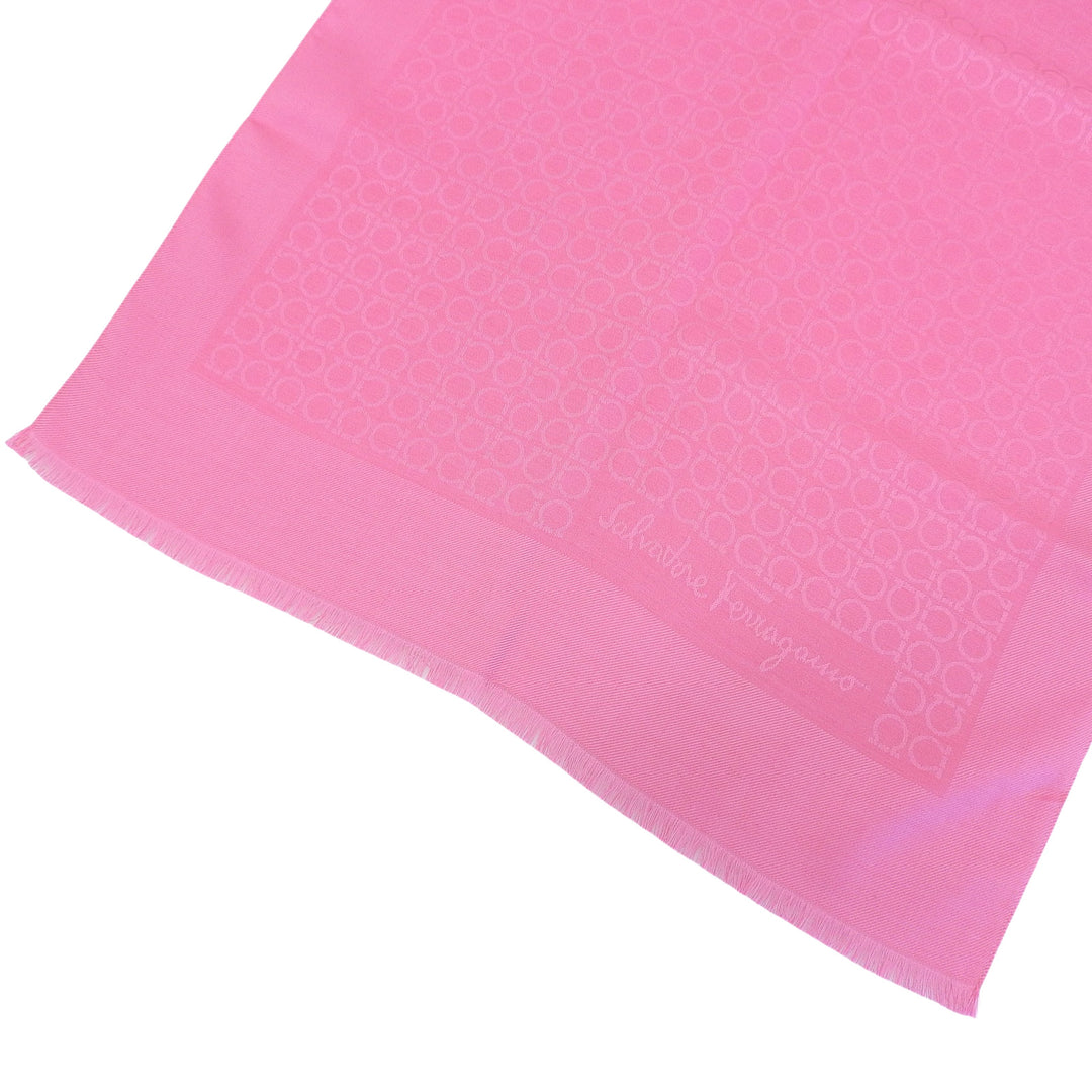 Pristine FERRAGAMO scarf Gancini Pattern with Fringe pink silk Women