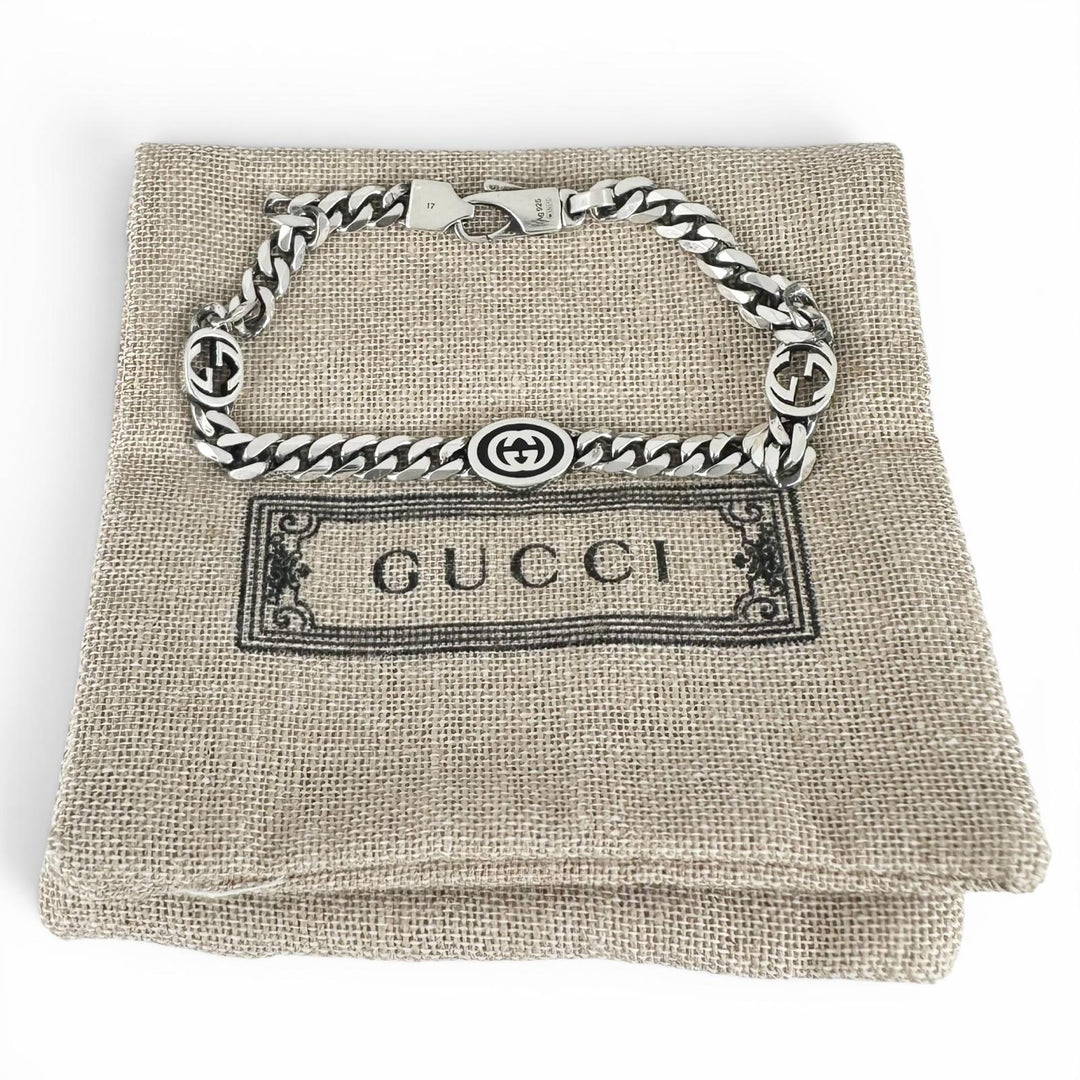 Great GUCCI bracelet Interlocking G Current product Chain Silver AG925 Women 17
