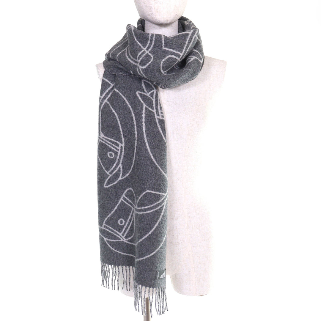 Excellent HERMES Entrlac Equestor Scarf Horse, fringe, two-tone gray cashmere