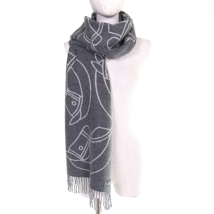 Excellent HERMES Entrlac Equestor Scarf Horse, fringe, two-tone gray cashmere