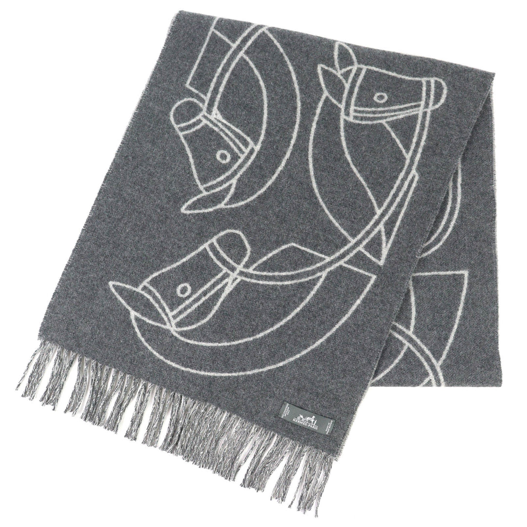 Excellent HERMES Entrlac Equestor Scarf Horse, fringe, two-tone gray cashmere