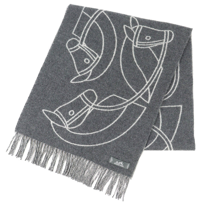 Excellent HERMES Entrlac Equestor Scarf Horse, fringe, two-tone gray cashmere