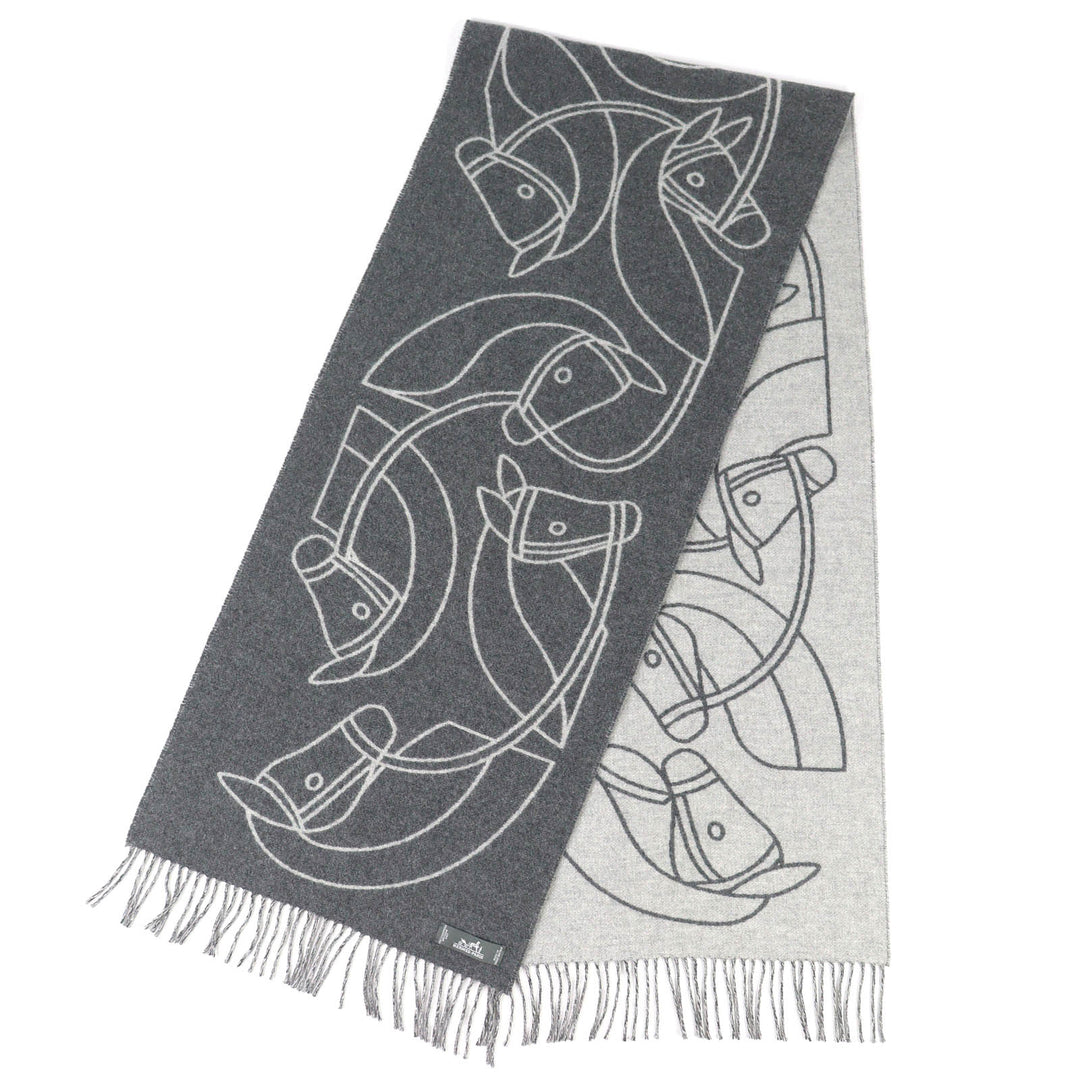Excellent HERMES Entrlac Equestor Scarf Horse, fringe, two-tone gray cashmere