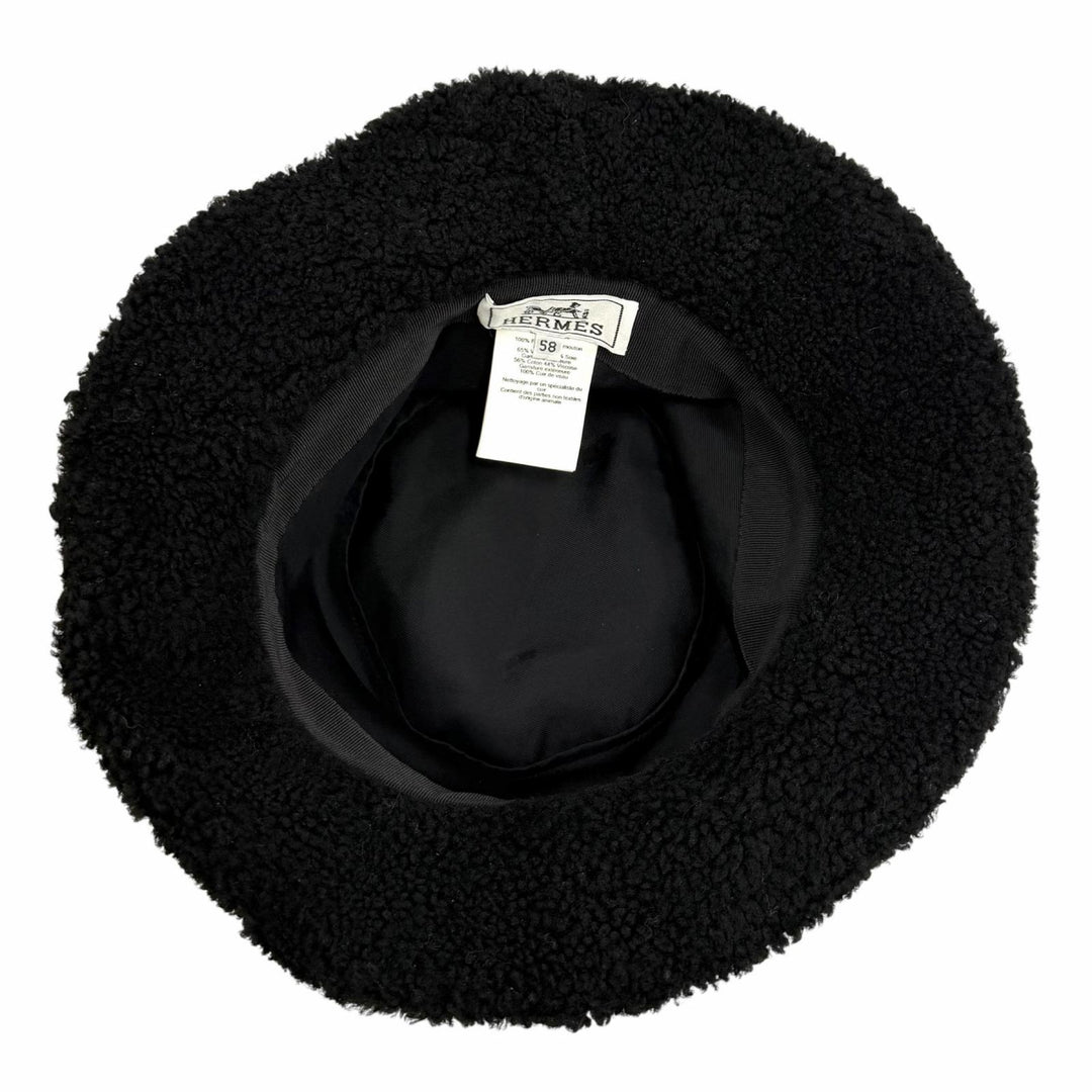 Great HERMES hat Fauve Mouton Biker Logo Bucket Hat black Sheep leather mens 58