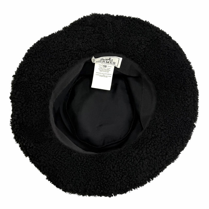 Great HERMES hat Fauve Mouton Biker Logo Bucket Hat black Sheep leather mens 58