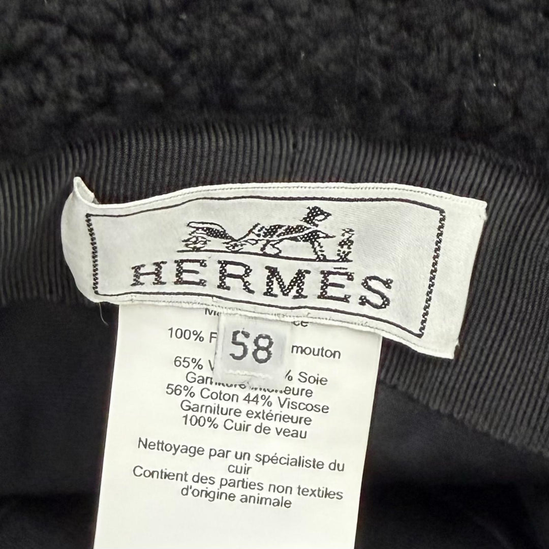 Great HERMES hat Fauve Mouton Biker Logo Bucket Hat black Sheep leather mens 58