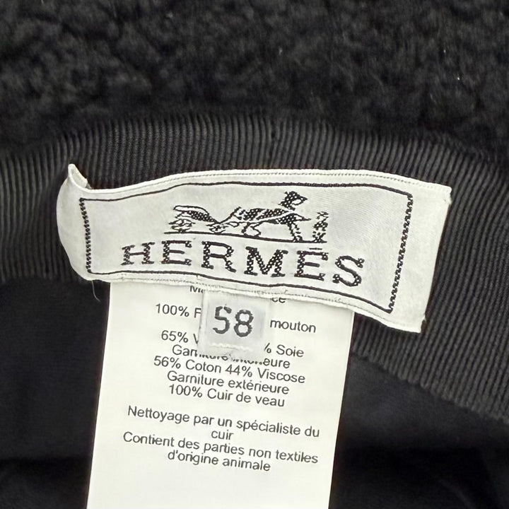 Great HERMES hat Fauve Mouton Biker Logo Bucket Hat black Sheep leather mens 58
