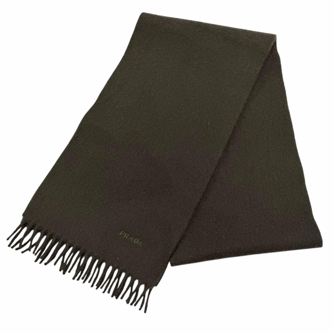Great PRADA Scarf Plain fabric with embroidered logo and fringe. Dark brown wool
