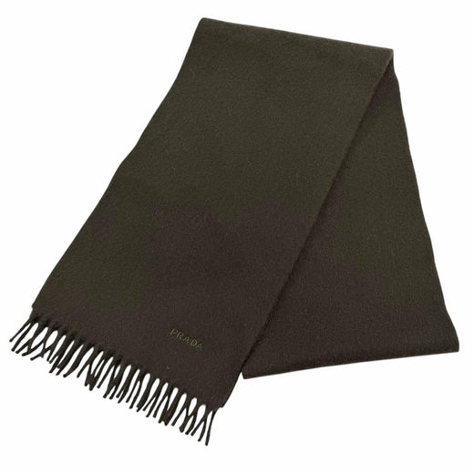 Great PRADA Scarf Plain fabric with embroidered logo and fringe. Dark brown wool