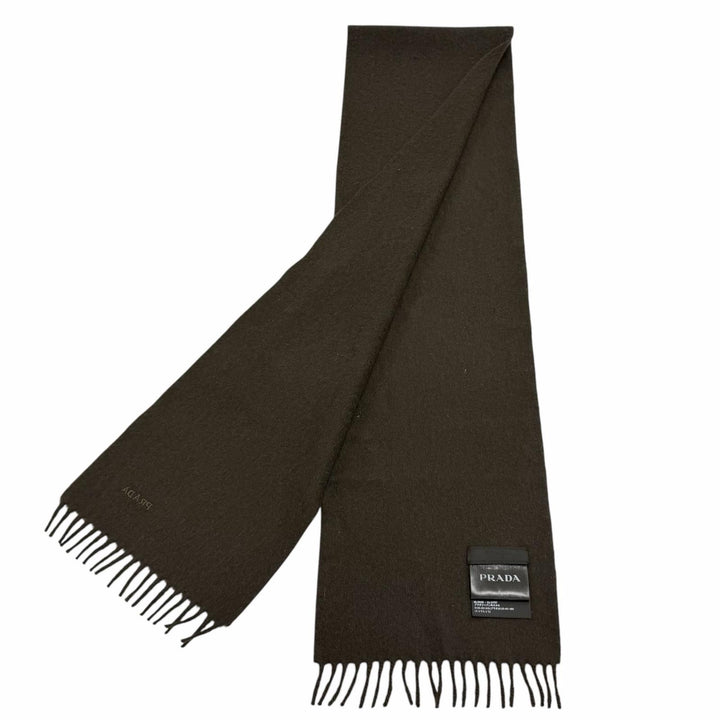 Great PRADA Scarf Plain fabric with embroidered logo and fringe. Dark brown wool