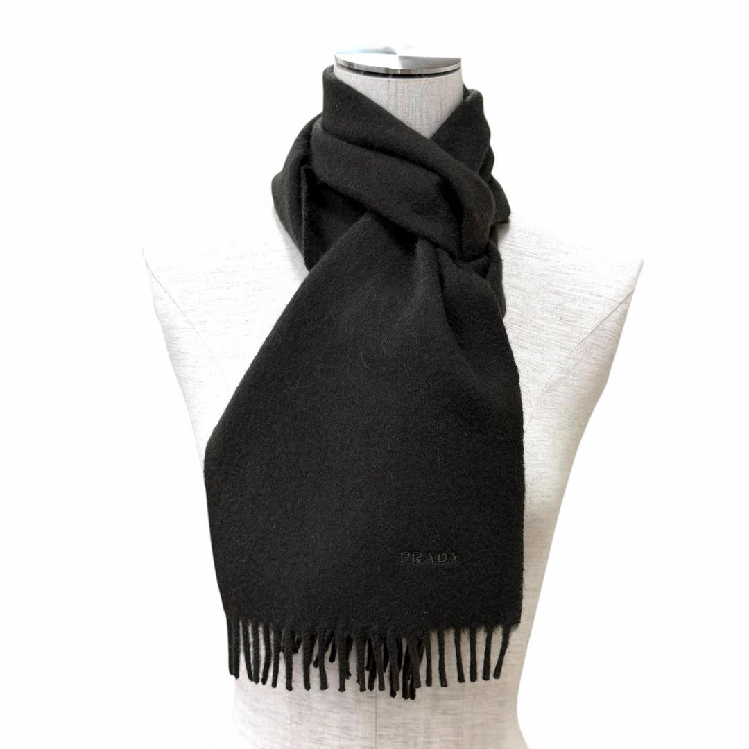 Great PRADA Scarf Plain fabric with embroidered logo and fringe. Dark brown wool