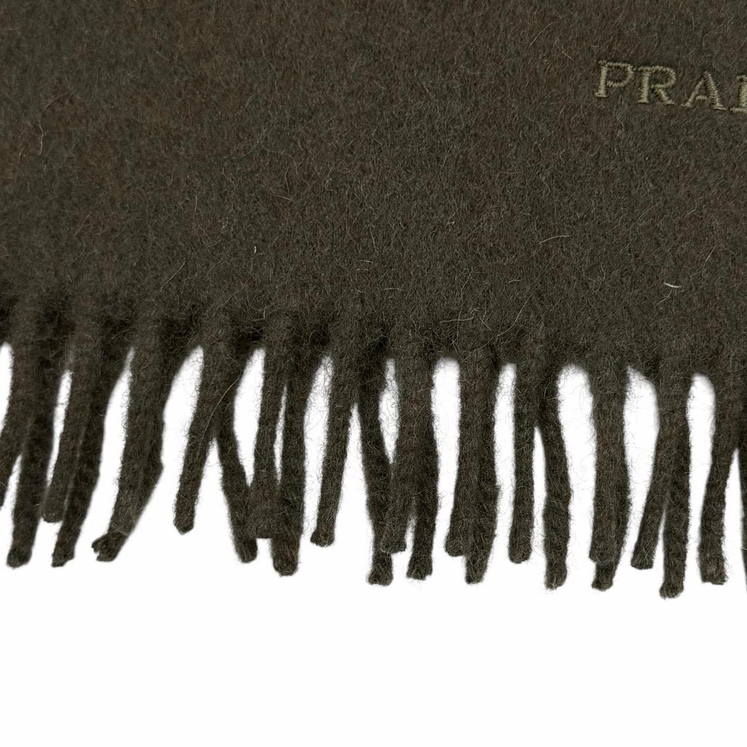 Great PRADA Scarf Plain fabric with embroidered logo and fringe. Dark brown wool