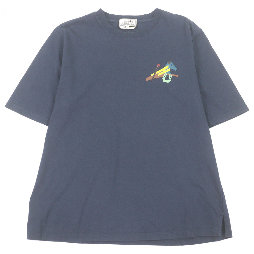 Great HERMES Short sleeve T-shirt Lamb Leather Horse Patch Navy cotton