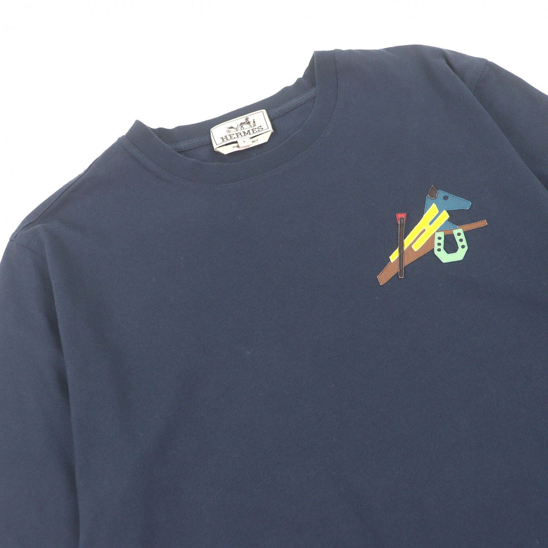 Great HERMES Short sleeve T-shirt Lamb Leather Horse Patch Navy cotton