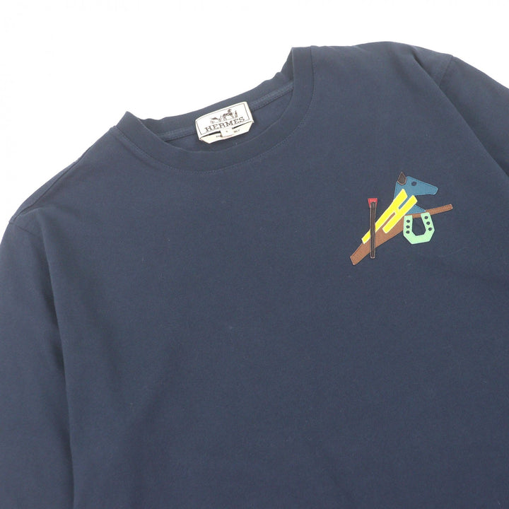 Great HERMES Short sleeve T-shirt Lamb Leather Horse Patch Navy cotton