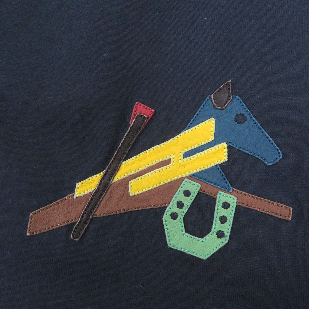 Great HERMES Short sleeve T-shirt Lamb Leather Horse Patch Navy cotton