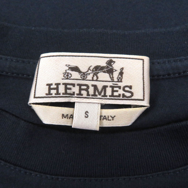 Great HERMES Short sleeve T-shirt Lamb Leather Horse Patch Navy cotton